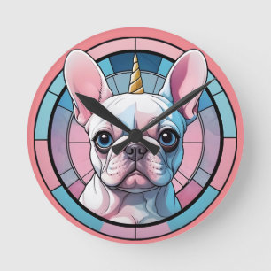 Cute French Bulldog Pastel Unicorn Stained Glass Round Clock
