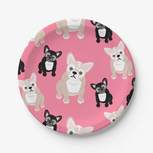 Cute French Bulldog Pattern Pink Party Cake Paper Plate (Front)