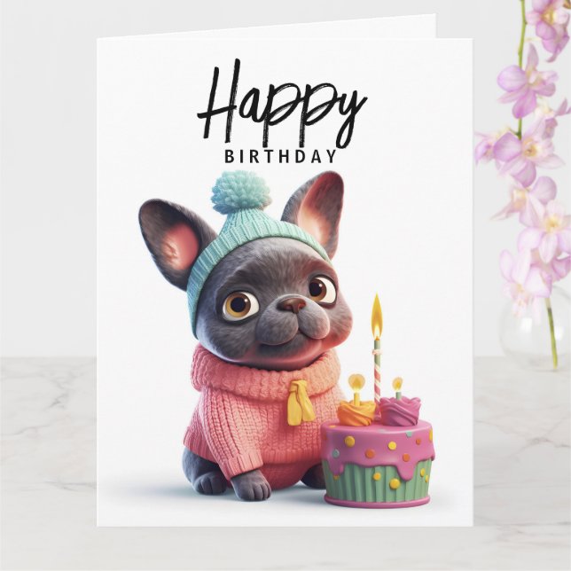 Cute French bulldog, pink dress, birthday cake Card (Orchid)