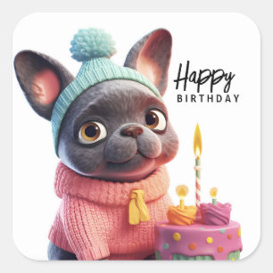 Cute French bulldog, pink dress, birthday cake Square Sticker