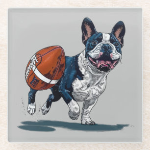 Cute French Bulldog Playing Football Glass Coaster