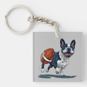 Cute French Bulldog Playing Football Key Ring