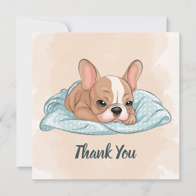 Cute French Bulldog Pup Blue Blanket Baby Shower Thank You Card (Front)