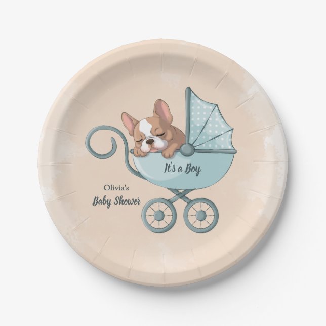 Cute French Bulldog Pup Blue Stroller Baby Shower Paper Plate (Front)