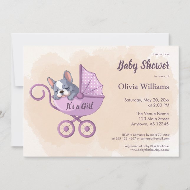 Cute French Bulldog Pup Pink Stroller Baby Shower Invitation (Front)