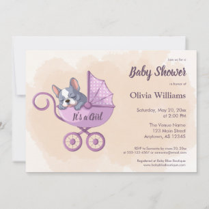 Cute French Bulldog Pup Pink Stroller Baby Shower Invitation
