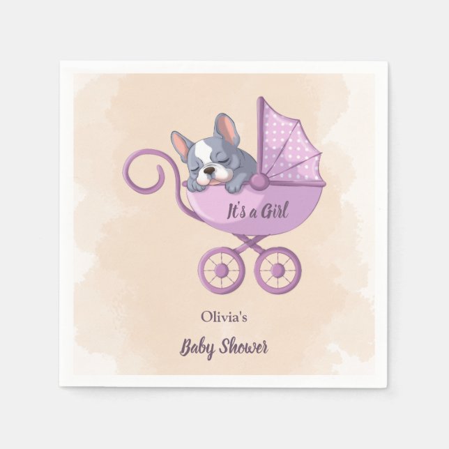 Cute French Bulldog Pup Pink Stroller Baby Shower Napkin (Front)