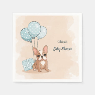Cute French Bulldog Puppy Blue Balloon Baby Shower Napkin