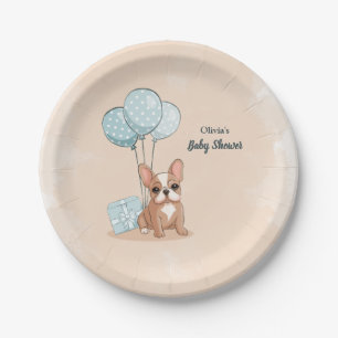 Cute French Bulldog Puppy Blue Balloon Baby Shower Paper Plate