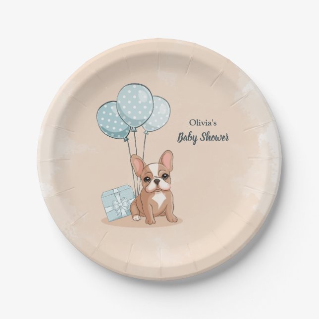 Cute French Bulldog Puppy Blue Balloon Baby Shower Paper Plate (Front)