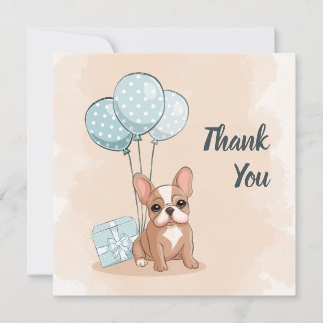 Cute French Bulldog Puppy Blue Balloon Baby Shower Thank You Card (Front)