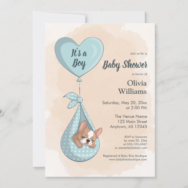 Cute French Bulldog Puppy Blue Heart Baby Shower Invitation (Front)