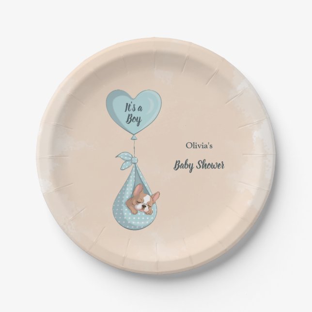 Cute French Bulldog Puppy Blue Heart Baby Shower Paper Plate (Front)