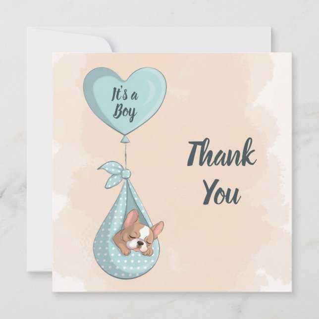 Cute French Bulldog Puppy Blue Heart Baby Shower Thank You Card (Front)