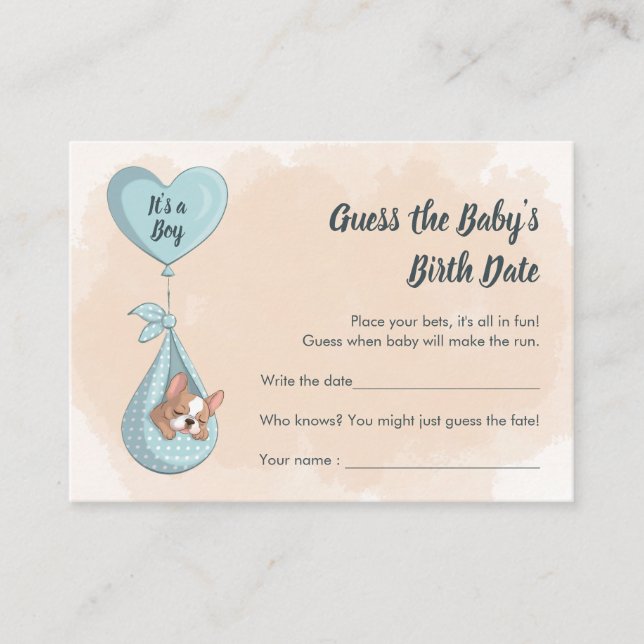 Cute French Bulldog Puppy Blue Heart Guess Date Enclosure Card (Front)