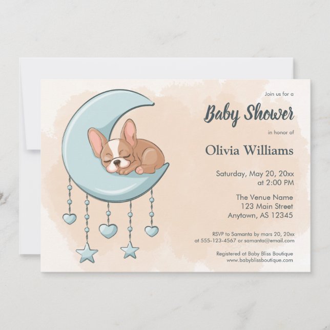 Cute French Bulldog Puppy Blue Moon Baby Shower Invitation (Front)