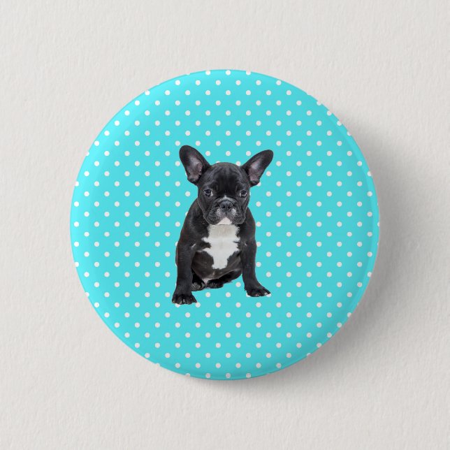 Cute French Bulldog Puppy Blue Polka Dots 6 Cm Round Badge (Front)