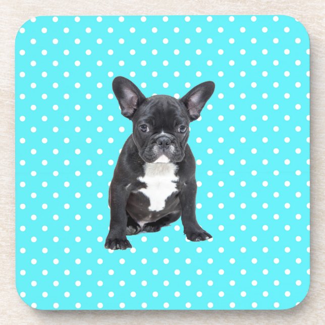 Cute French Bulldog Puppy Blue Polka Dots Coaster (Front)