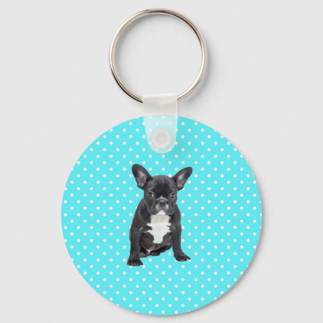 Cute French Bulldog Puppy Blue Polka Dots Key Ring (Front)
