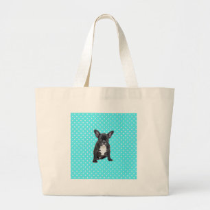 Cute French Bulldog Puppy Blue Polka Dots Large Tote Bag
