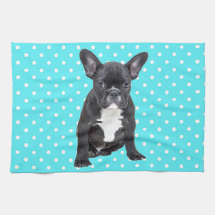 Cute French Bulldog Puppy Blue Polka Dots Tea Towel