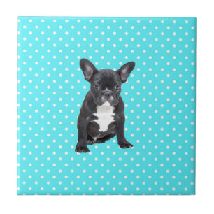 Cute French Bulldog Puppy Blue Polka Dots Tile
