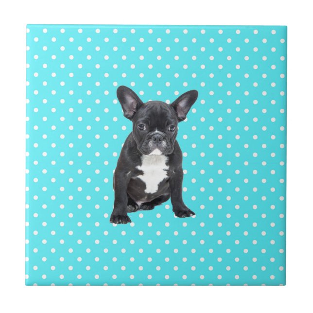 Cute French Bulldog Puppy Blue Polka Dots Tile (Front)