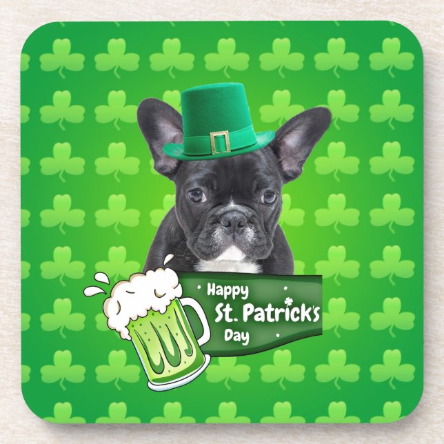 Cute French Bulldog Puppy Hat St. Patrick Day Coaster (Front)