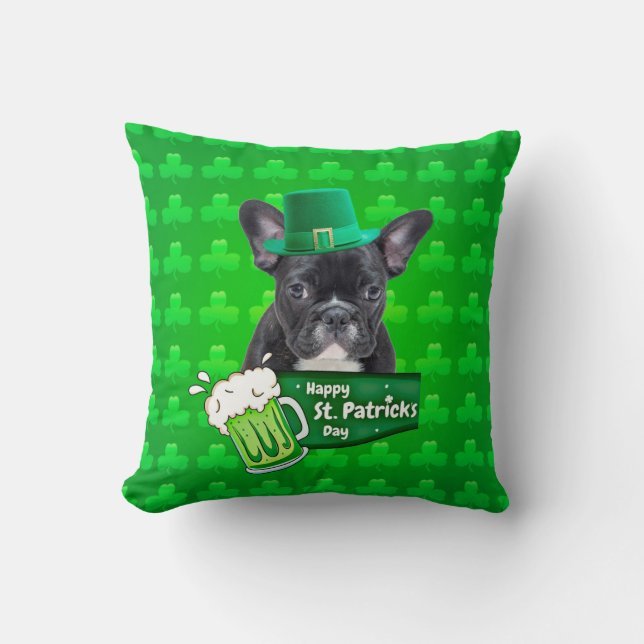 Cute French Bulldog Puppy Hat St. Patrick Day Cushion (Front)