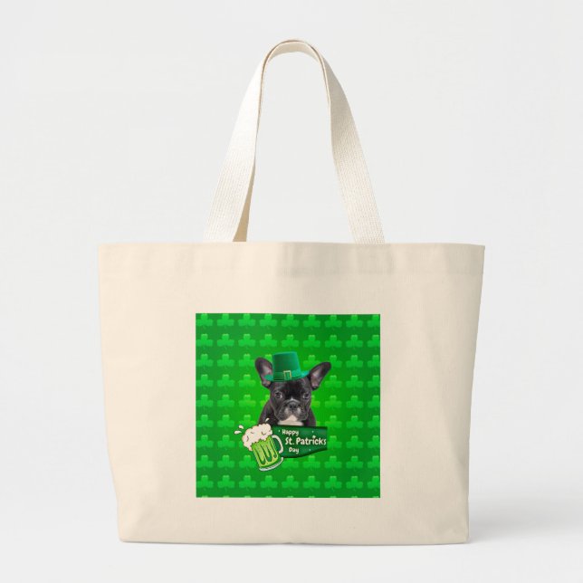 Cute French Bulldog Puppy Hat St. Patrick Day Large Tote Bag (Front)