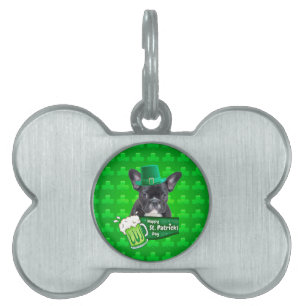 Cute French Bulldog Puppy Hat St. Patrick Day Pet Name Tag