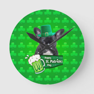 Cute French Bulldog Puppy Hat St. Patrick Day Round Clock