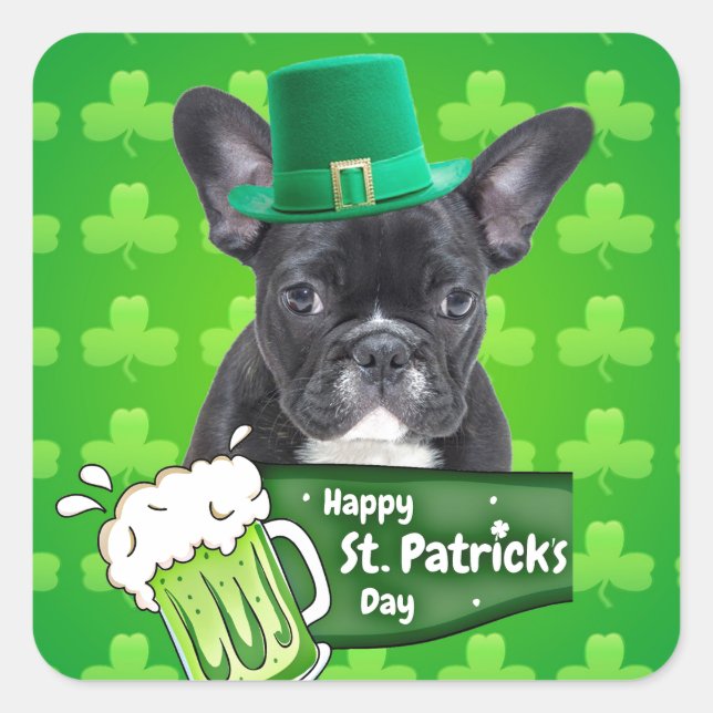 Cute French Bulldog Puppy Hat St. Patrick Day Square Sticker (Front)