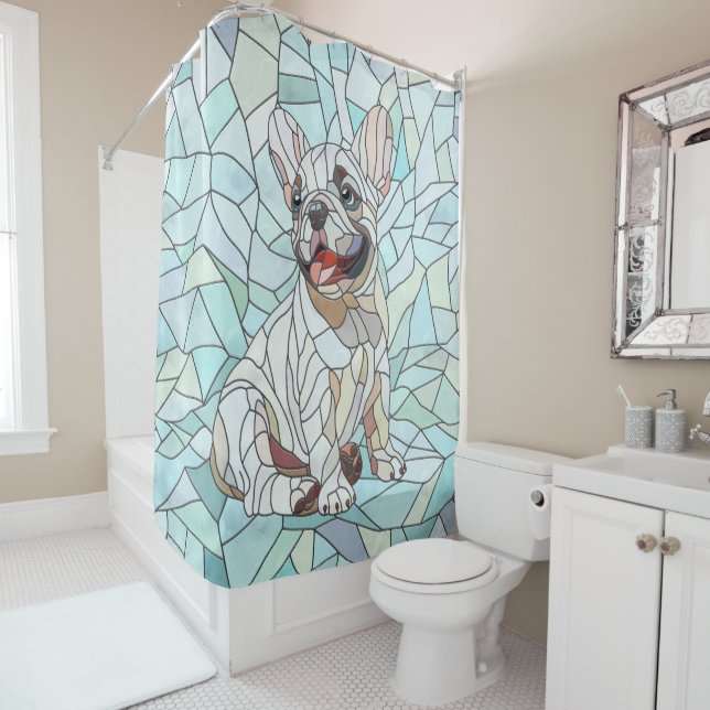 Cute French Bulldog Puppy - pastel mosaic Shower Curtain (In Situ)