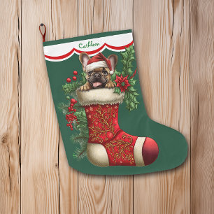 Cute French Bulldog Puppy Peeking Large Christmas Stocking