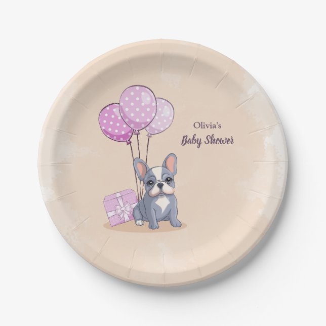 Cute French Bulldog Puppy Pink Balloon Baby Shower Paper Plate (Front)