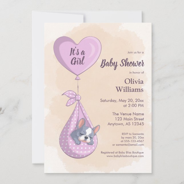 Cute French Bulldog Puppy Pink Heart Baby Shower Invitation (Front)