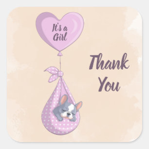 Cute French Bulldog Puppy Pink Heart Baby Shower Square Sticker