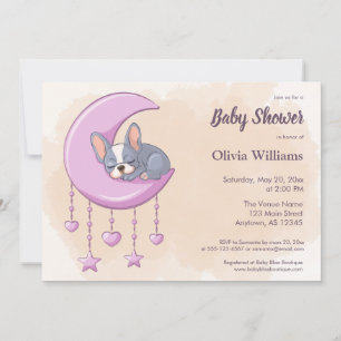 Cute French Bulldog Puppy Pink Moon Baby Shower Invitation