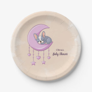 Cute French Bulldog Puppy Pink Moon Baby Shower Paper Plate