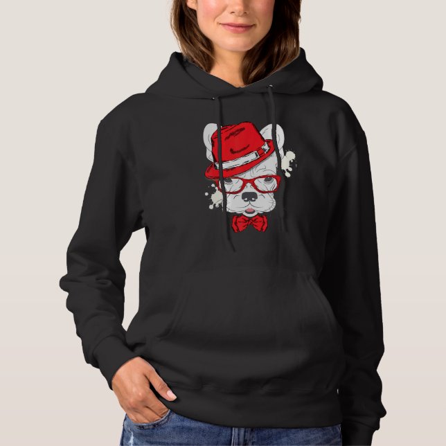 Cute French Bulldog Puppy Wear A Hat And Glasses Hoodie (Front)