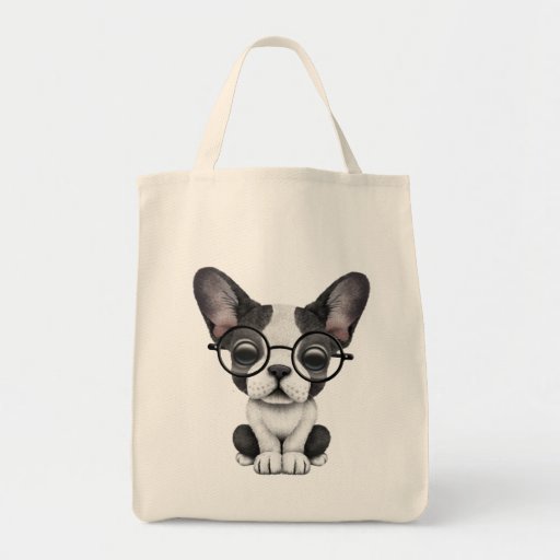 Image of Cute French Bulldog Puppy with Glasses Tote Bag
