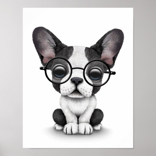 Cute French Bulldog Puppy with Glasses, white Poster (Front)