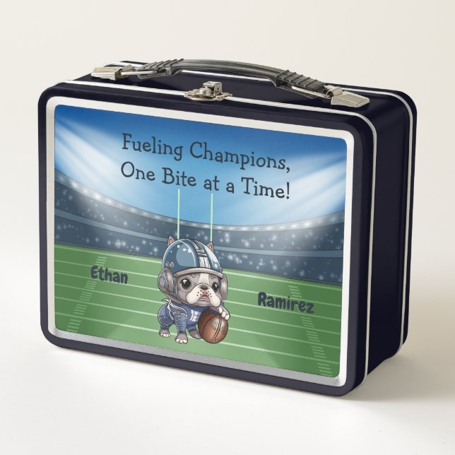 Cute French bulldog quarterback stadium cartoon Metal Lunch Box (Front)
