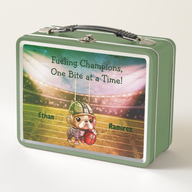 Cute French bulldog quarterback stadium cartoon Metal Lunch Box (Front)