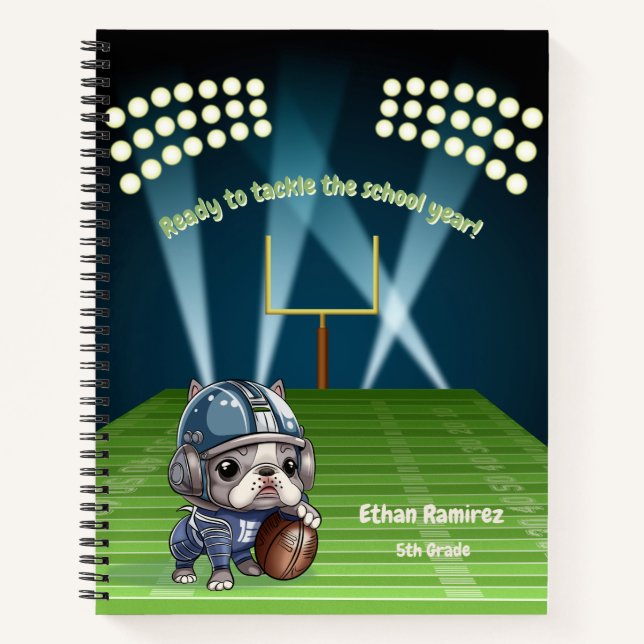Cute French bulldog quarterback stadium cartoon Notebook (Front)