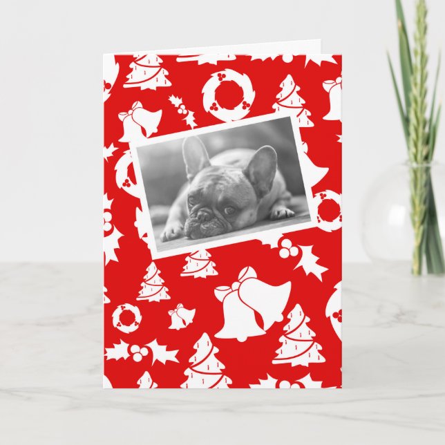 Cute French Bulldog Red Christmas Tree Bell Wreath Holiday Card (Front)