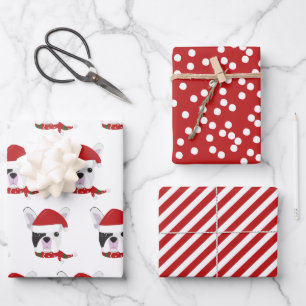 Cute French Bulldog & Red Striped Christmas Wrapping Paper Sheet