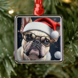 Cute French Bulldog Santa Christmas Holiday Design Metal Tree Decoration