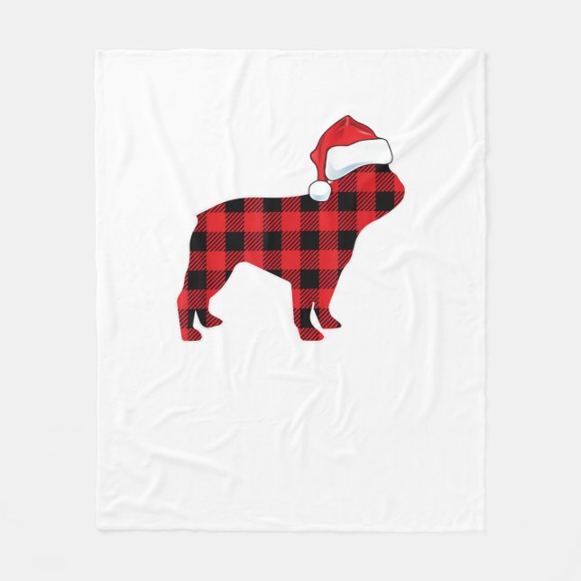 Cute French Bulldog Santa Hat Christmas Red Plaid  Fleece Blanket (Front)